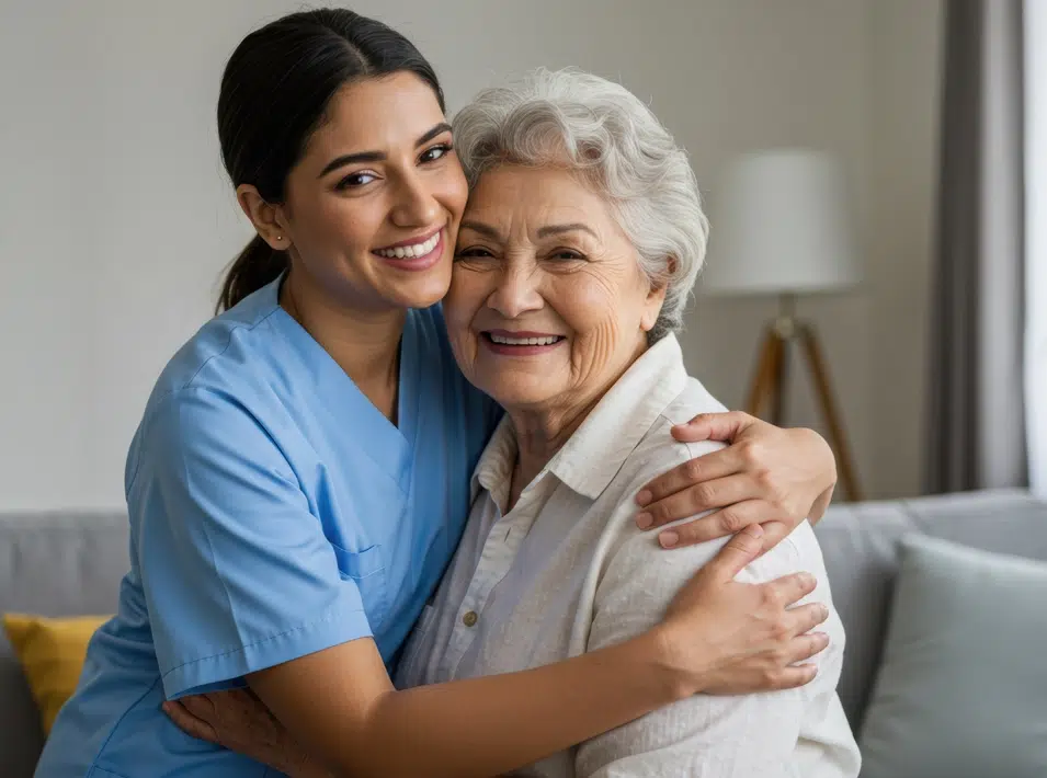 In-home care aide hugging a senior at home while providing companion care