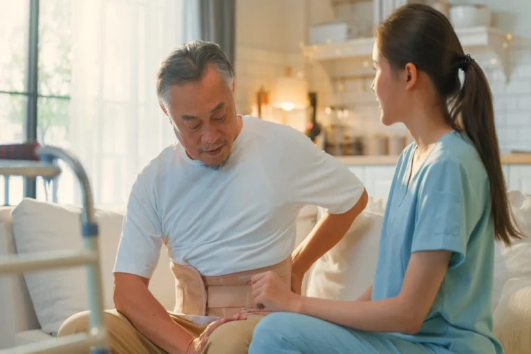 Caregiver assisting a person wearing a back support belt in Central & Southern Florida