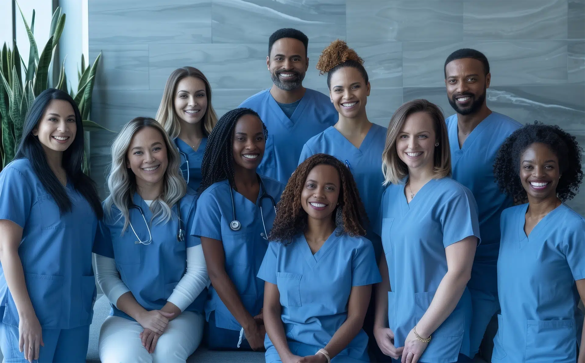 Caregivers specializing in in-home senior care standing for a group picture