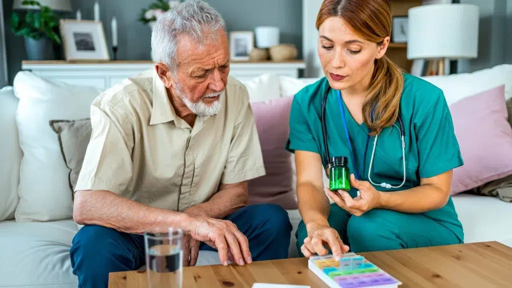 A healthcare worker explaining pill medications to an adult at home in Central & Southern Florida