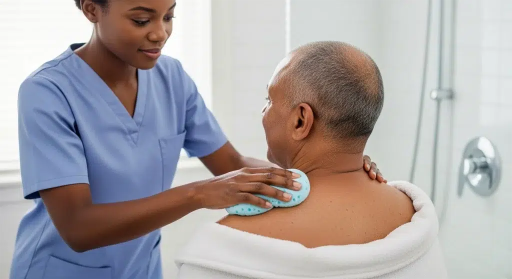 Caregiver assisting a senior with bathing and personal hygiene at home