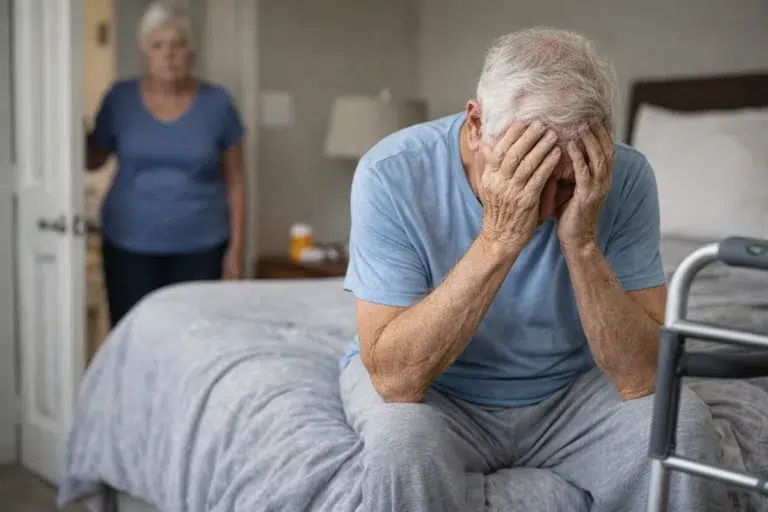 Senior sitting on the bed reflecting emotional stress, loss of independence, and the problems seniors face while aging at home.